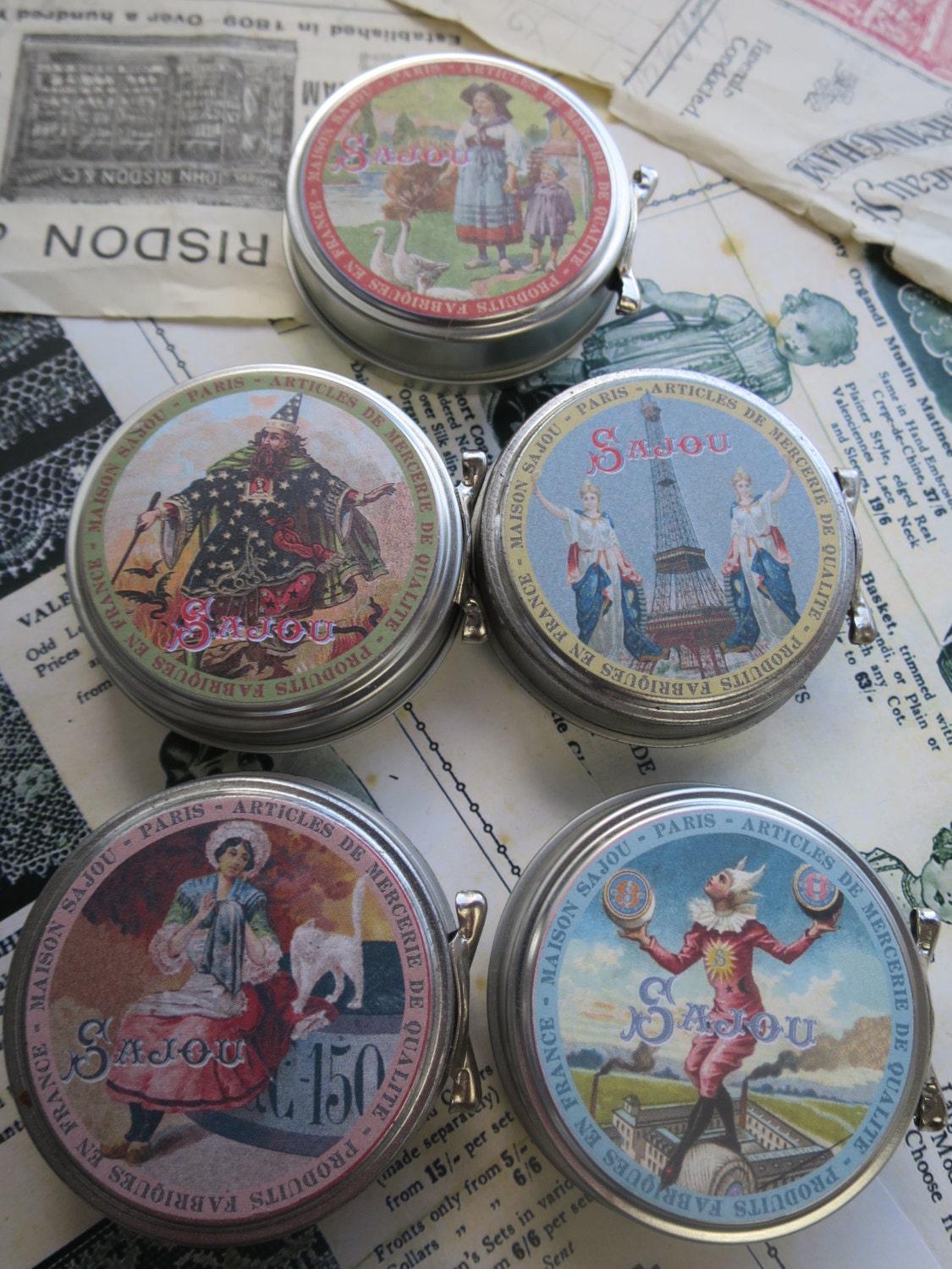 Sajou Tins of Pins- Murano Glass Head, Triangular Quilting, Extra Fine No.4, Fine No.5, Heavy Weight No.12