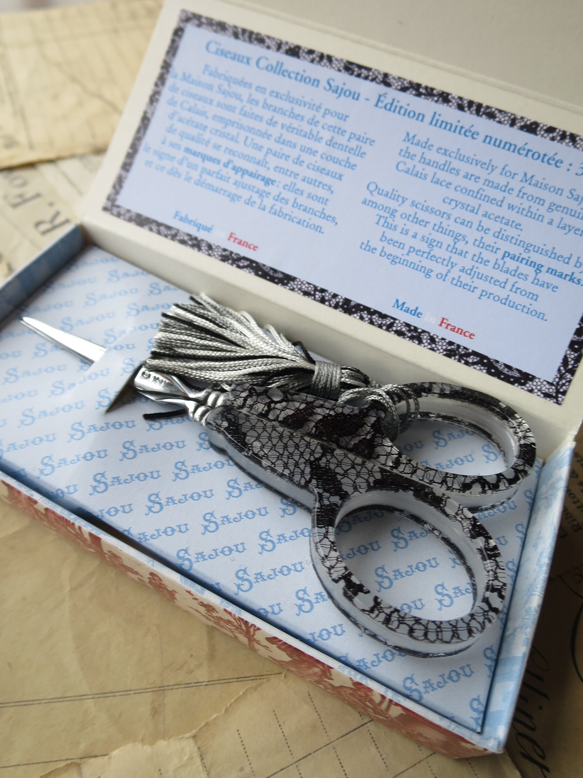 Limited Edition Black Calais Lace Sajou Hand Paired Embroidery Scissors