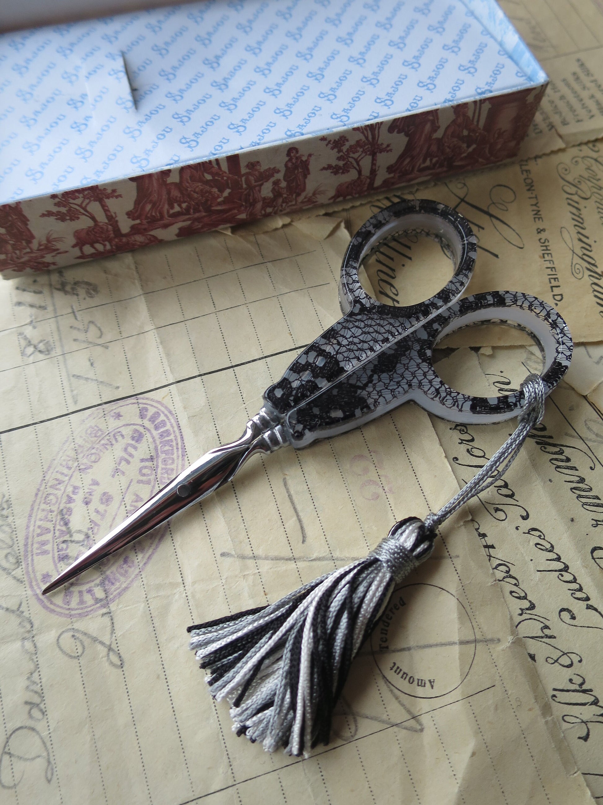 Limited Edition Black Calais Lace Sajou Hand Paired Embroidery Scissors