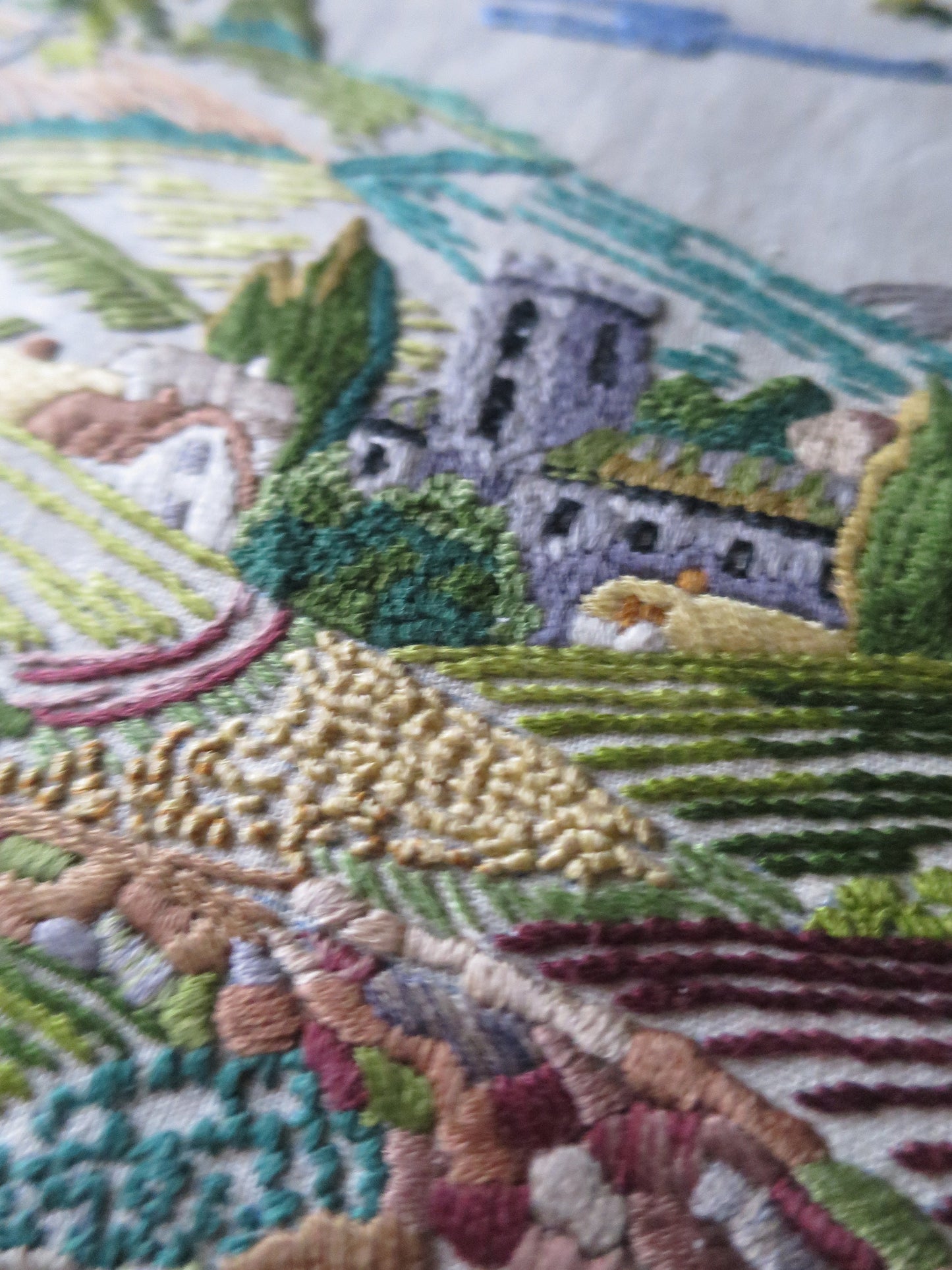 Vintage Hand Embroidered Panel- English Countryside