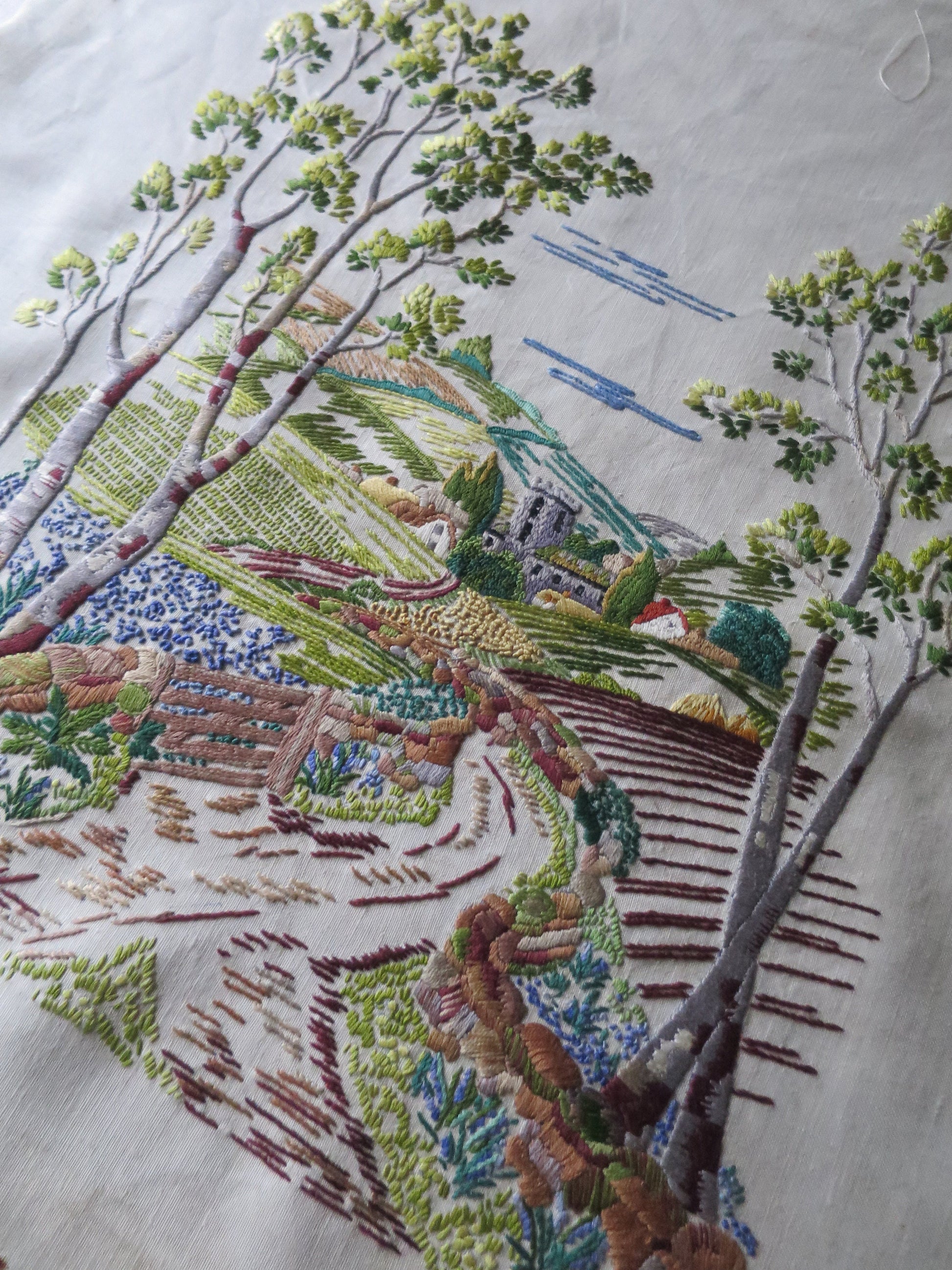 Vintage Hand Embroidered Panel- English Countryside