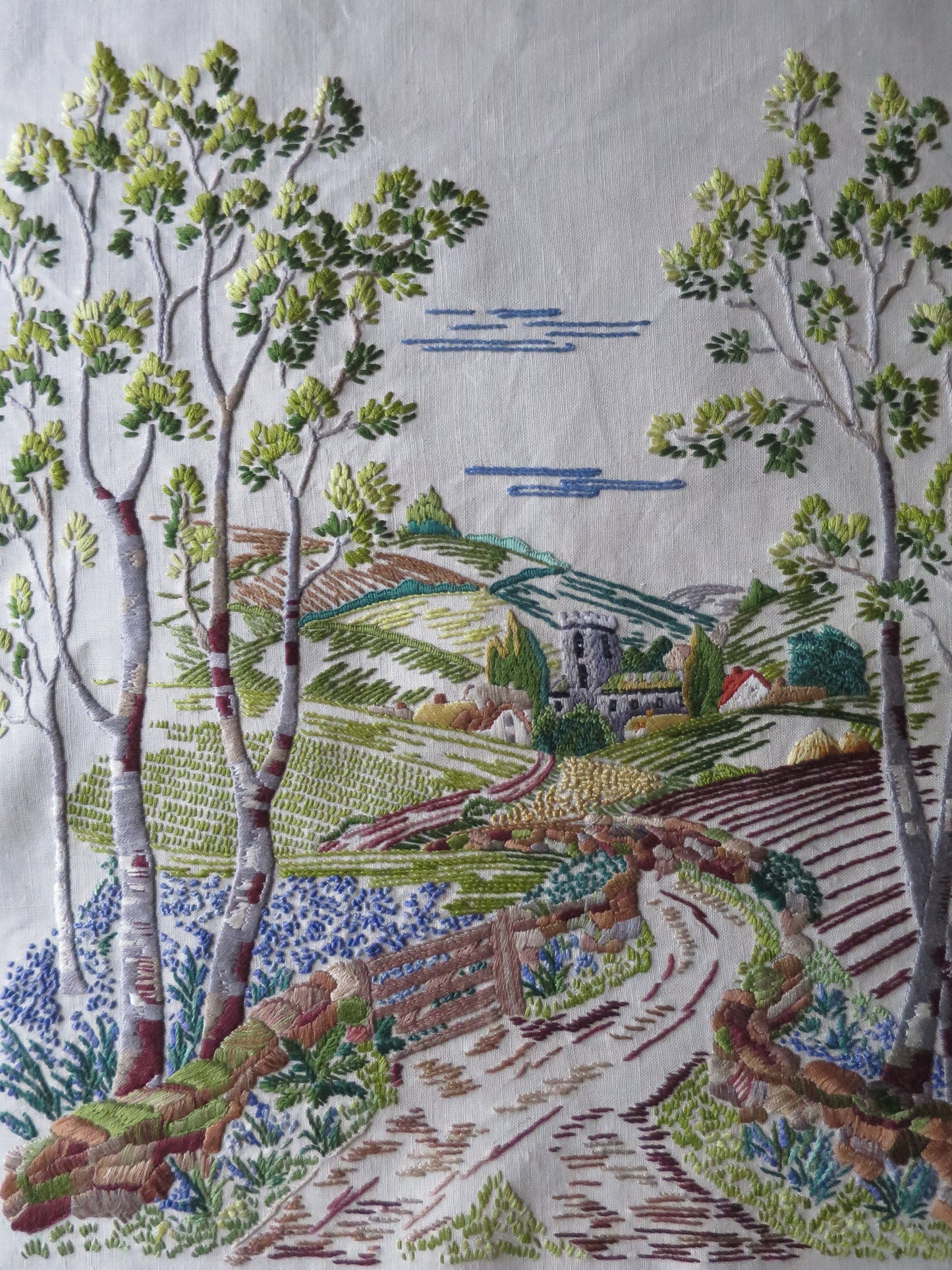 Vintage Hand Embroidered Panel- English Countryside