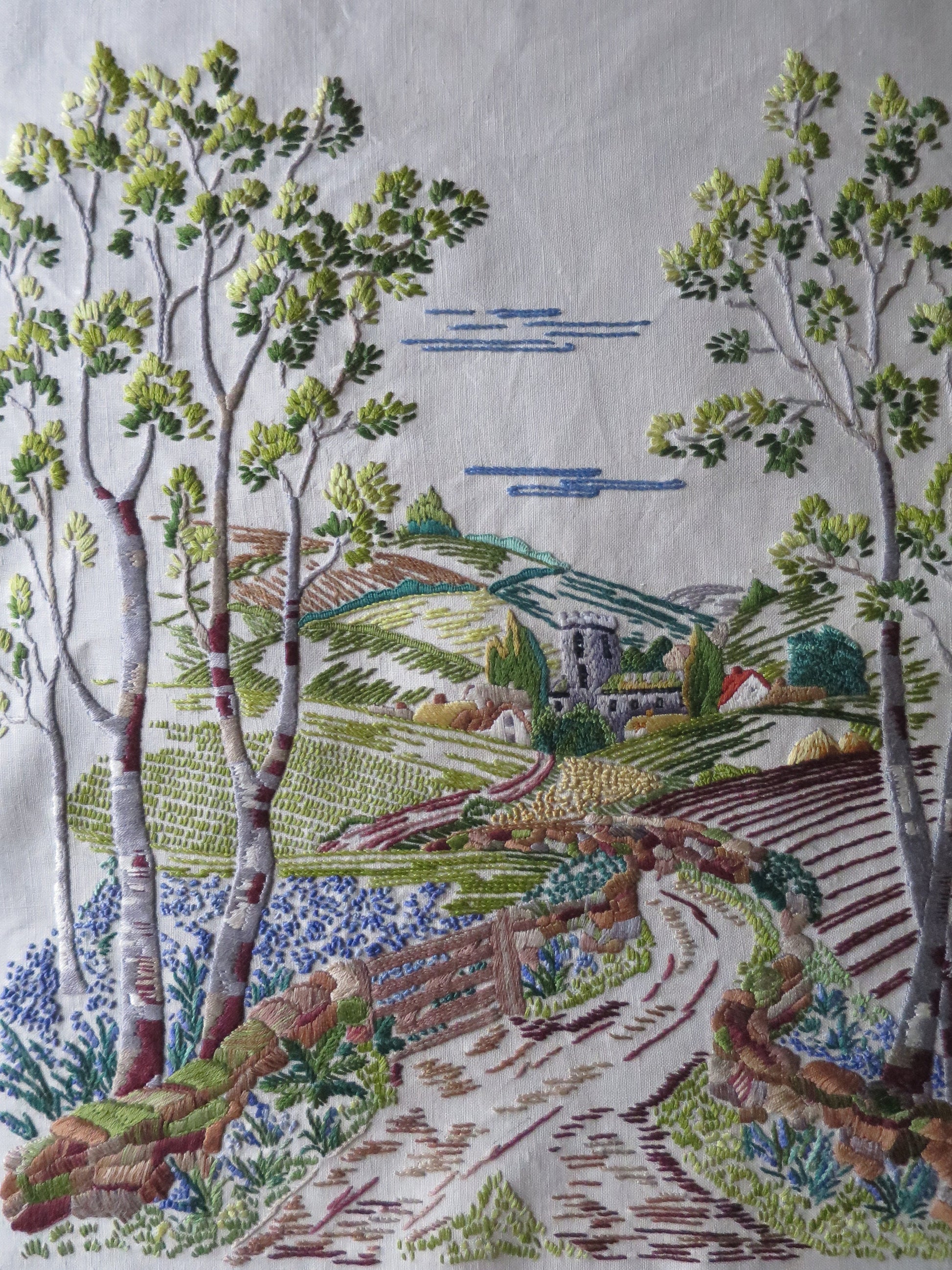 Vintage Hand Embroidered Panel- English Countryside