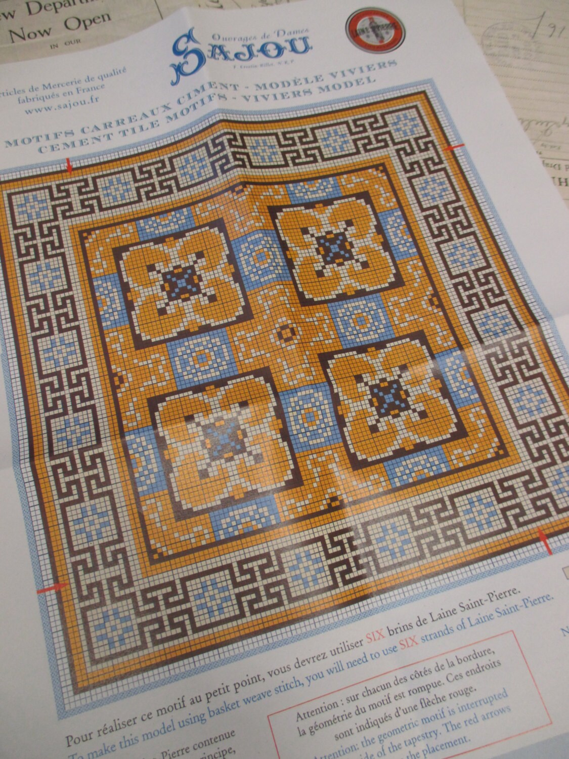 Sajou French Cement Tile Basketweave Needlepoint Tapestry Chart- Viviers