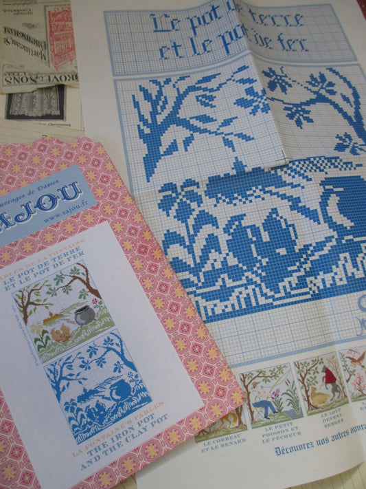 Sajou La Fontaine's Aesops Fables Embroidery Chart- The Iron Pot and the Clay Pot